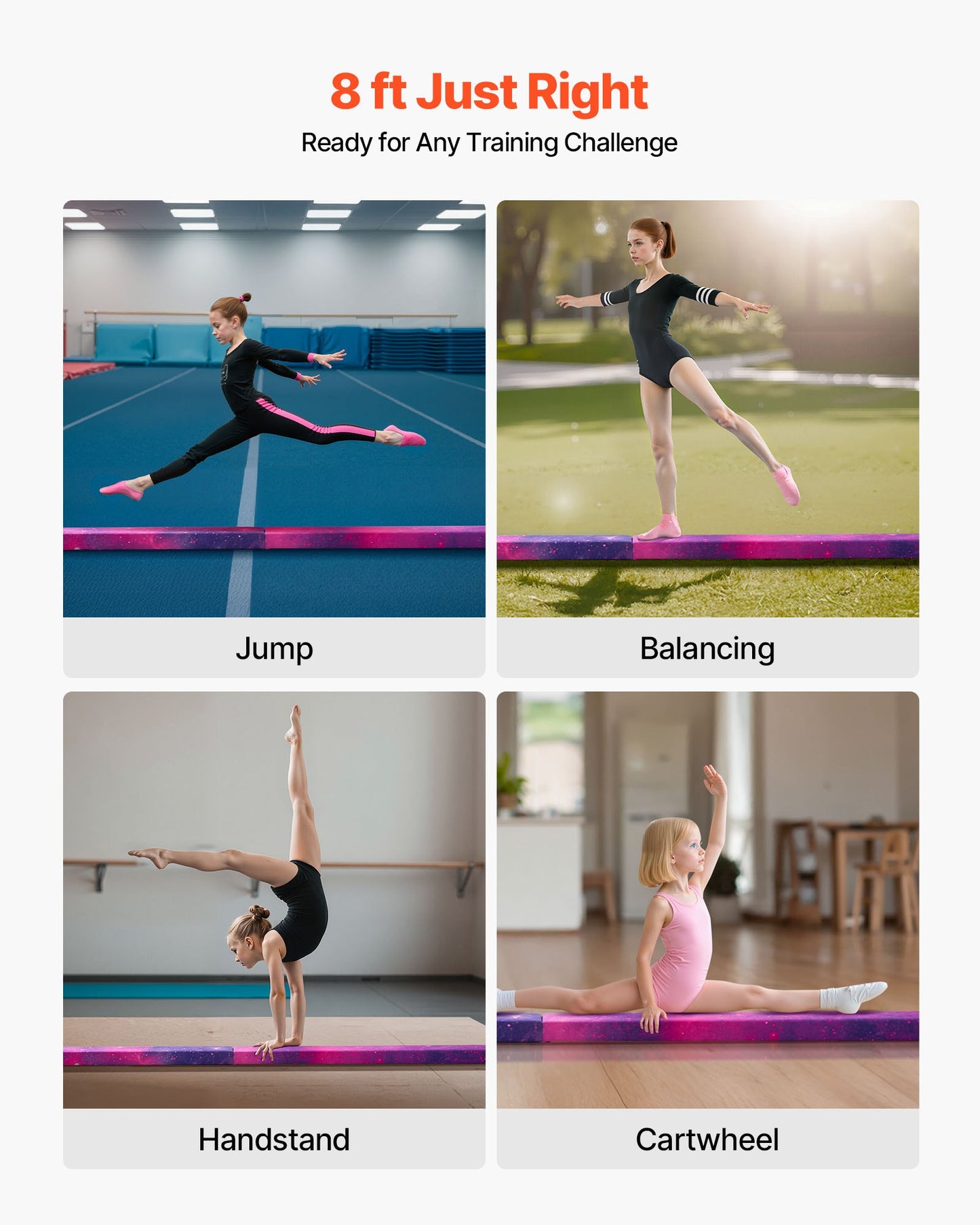 8FT Folding Balance Beam for Kids, 136.1KG Stable Support Gymnastics Floor Beam with Non-Slip Mat, Wood-Core Gymnastics Training Equipment with Anti-Slip Bottom & Carry Bag for Home Gym, Galaxy