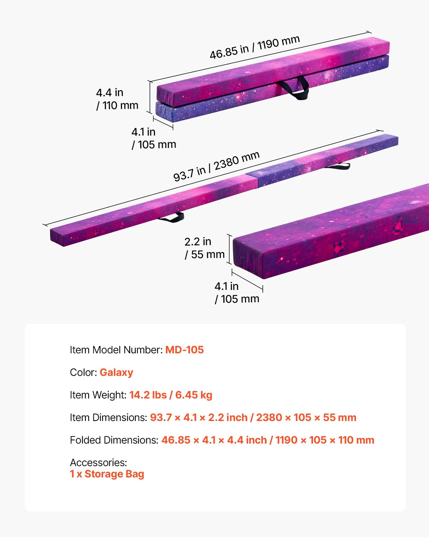 8FT Folding Balance Beam for Kids, 136.1KG Stable Support Gymnastics Floor Beam with Non-Slip Mat, Wood-Core Gymnastics Training Equipment with Anti-Slip Bottom & Carry Bag for Home Gym, Galaxy