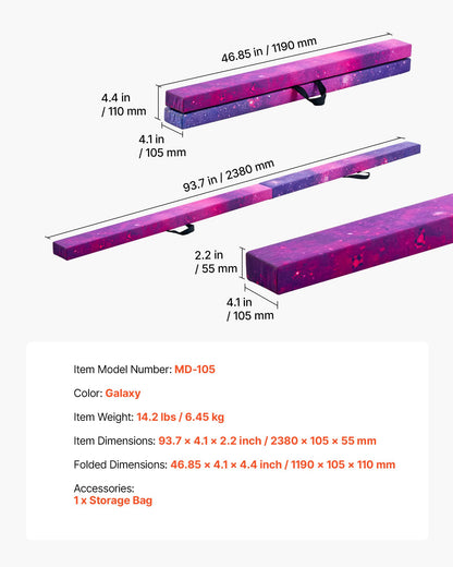 8FT Folding Balance Beam for Kids, 136.1KG Stable Support Gymnastics Floor Beam with Non-Slip Mat, Wood-Core Gymnastics Training Equipment with Anti-Slip Bottom & Carry Bag for Home Gym, Galaxy