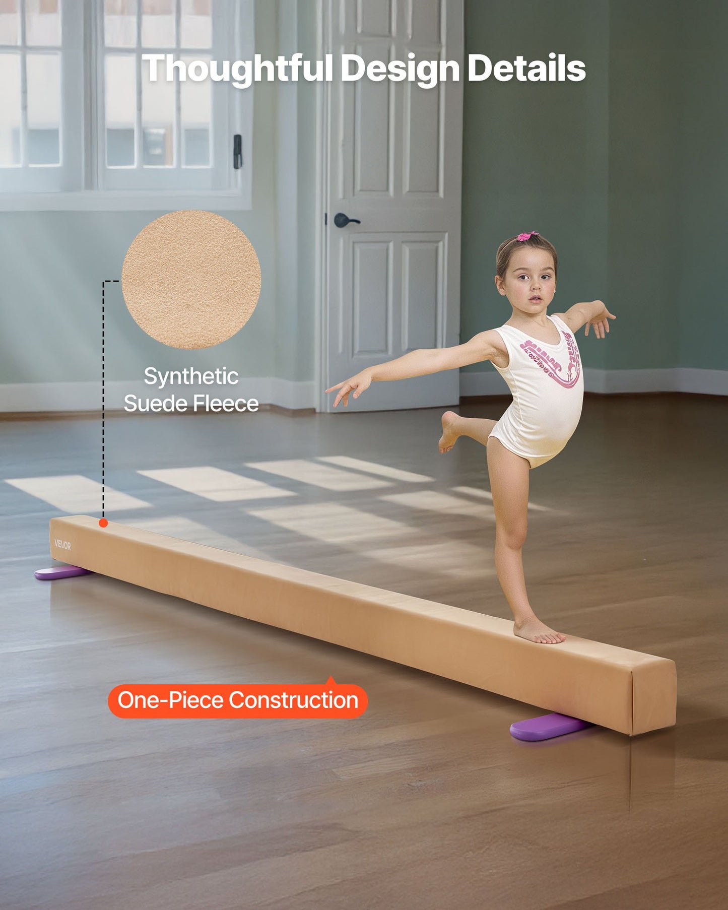 8FT Balance Beam for Kids, 158.7 KG Stable Support Gymnastics Floor Beam with Non-Slip Wooden Mats, Wood-Core Gymnastics Training Equipment with Anti-Slip Bottom for Home and Gym, Yellow