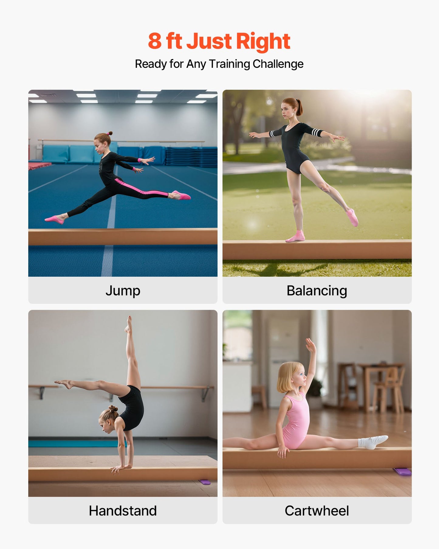 8FT Balance Beam for Kids, 158.7 KG Stable Support Gymnastics Floor Beam with Non-Slip Wooden Mats, Wood-Core Gymnastics Training Equipment with Anti-Slip Bottom for Home and Gym, Yellow