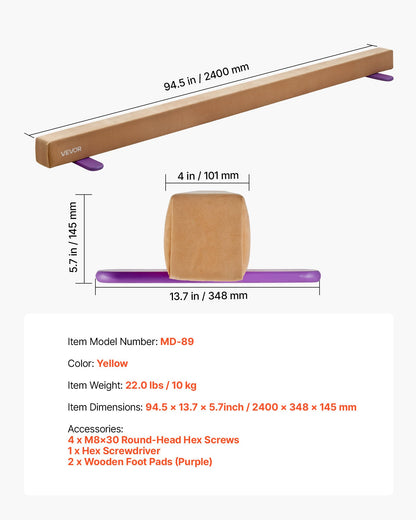 8FT Balance Beam for Kids, 158.7 KG Stable Support Gymnastics Floor Beam with Non-Slip Wooden Mats, Wood-Core Gymnastics Training Equipment with Anti-Slip Bottom for Home and Gym, Yellow