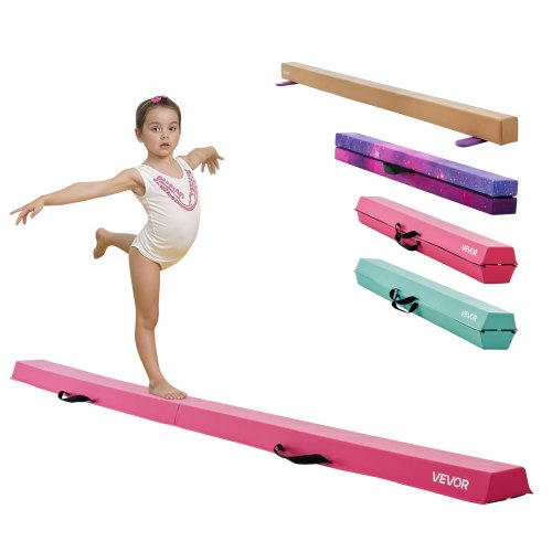 8FT Folding Balance Beam for Kids, 90.7 KG Stable Support Gymnastics Floor Beam with Non-Slip Mats, Gymnastics Training Equipment with Anti-Slip Bottom and Carrying Bag for Home Gym, Pink