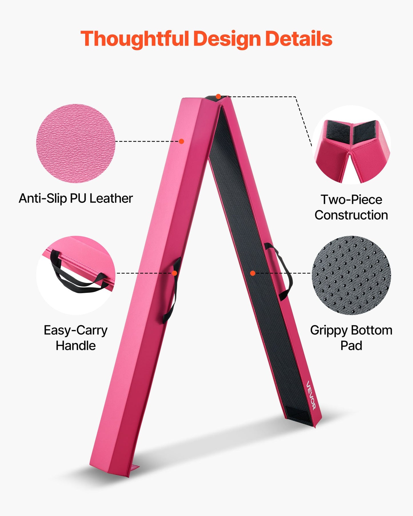8FT Folding Balance Beam for Kids, 90.7 KG Stable Support Gymnastics Floor Beam with Non-Slip Mats, Gymnastics Training Equipment with Anti-Slip Bottom and Carrying Bag for Home Gym, Pink