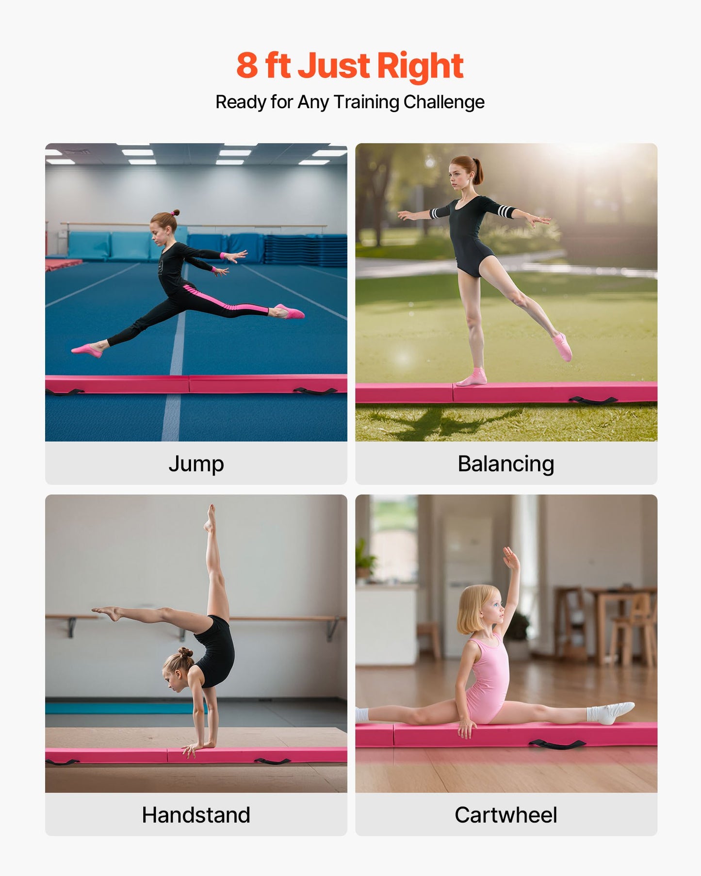 8FT Folding Balance Beam for Kids, 90.7 KG Stable Support Gymnastics Floor Beam with Non-Slip Mats, Gymnastics Training Equipment with Anti-Slip Bottom and Carrying Bag for Home Gym, Pink