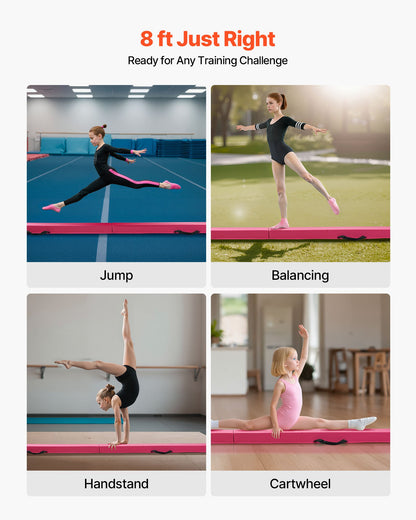 8FT Folding Balance Beam for Kids, 90.7 KG Stable Support Gymnastics Floor Beam with Non-Slip Mats, Gymnastics Training Equipment with Anti-Slip Bottom and Carrying Bag for Home Gym, Pink