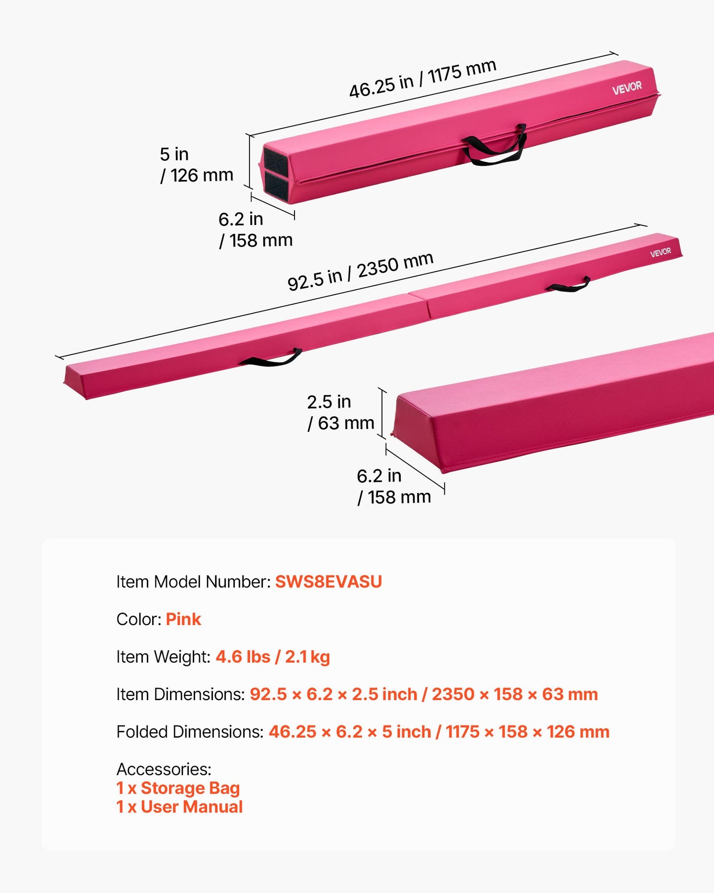 8FT Folding Balance Beam for Kids, 90.7 KG Stable Support Gymnastics Floor Beam with Non-Slip Mats, Gymnastics Training Equipment with Anti-Slip Bottom and Carrying Bag for Home Gym, Pink