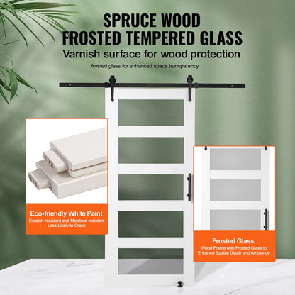 Barn Door and Hardware Kit, 42" x 84" Wood and Glass Sliding Barn Door, Smoothly and Quietly, Barn Door Kit with 8-in-1 Floor Guide and Door Handle, Spruce Wood Slab and Frosted Glass