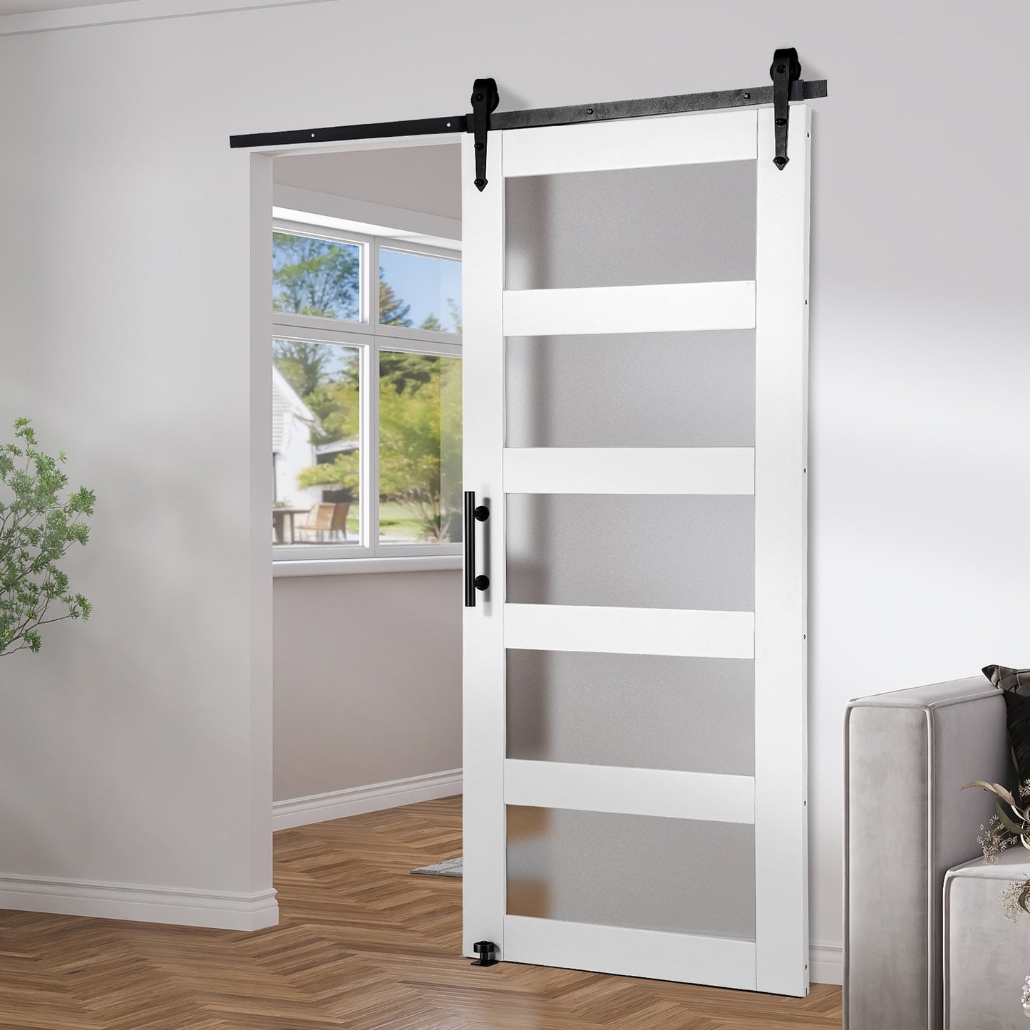 Barn Door and Hardware Kit, 42" x 84" Wood and Glass Sliding Barn Door, Smoothly and Quietly, Barn Door Kit with 8-in-1 Floor Guide and Door Handle, Spruce Wood Slab and Frosted Glass