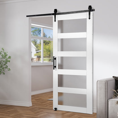 Barn Door and Hardware Kit, 42" x 84" Wood and Glass Sliding Barn Door, Smoothly and Quietly, Barn Door Kit with 8-in-1 Floor Guide and Door Handle, Spruce Wood Slab and Frosted Glass