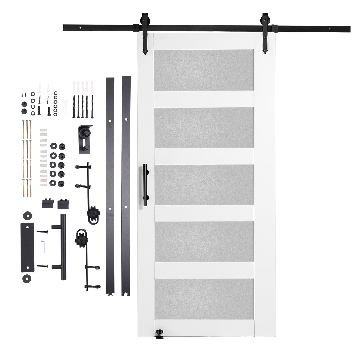 Barn Door and Hardware Kit, 42" x 84" Wood and Glass Sliding Barn Door, Smoothly and Quietly, Barn Door Kit with 8-in-1 Floor Guide and Door Handle, Spruce Wood Slab and Frosted Glass
