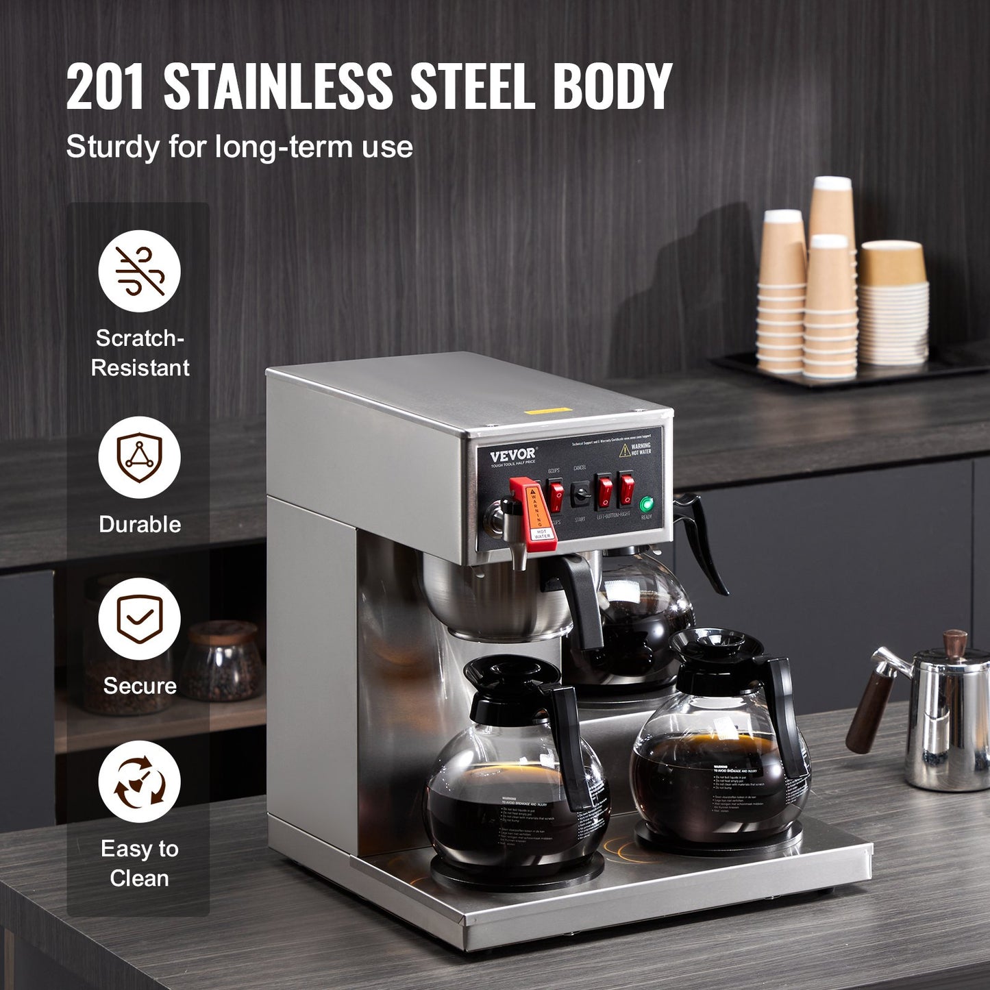 12 Cups Commercial Drip Coffee Maker, Coffee Maker Machine with 3 Glass Carafes and 3 Warmer Plates, Stainless Steel Pour Over Coffee Brewer for Restaurant, Office, Cafe