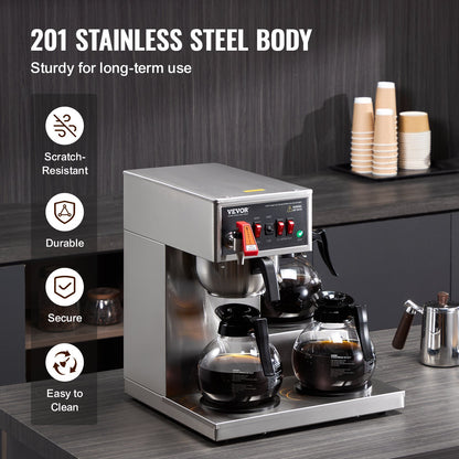 12 Cups Commercial Drip Coffee Maker, Coffee Maker Machine with 3 Glass Carafes and 3 Warmer Plates, Stainless Steel Pour Over Coffee Brewer for Restaurant, Office, Cafe