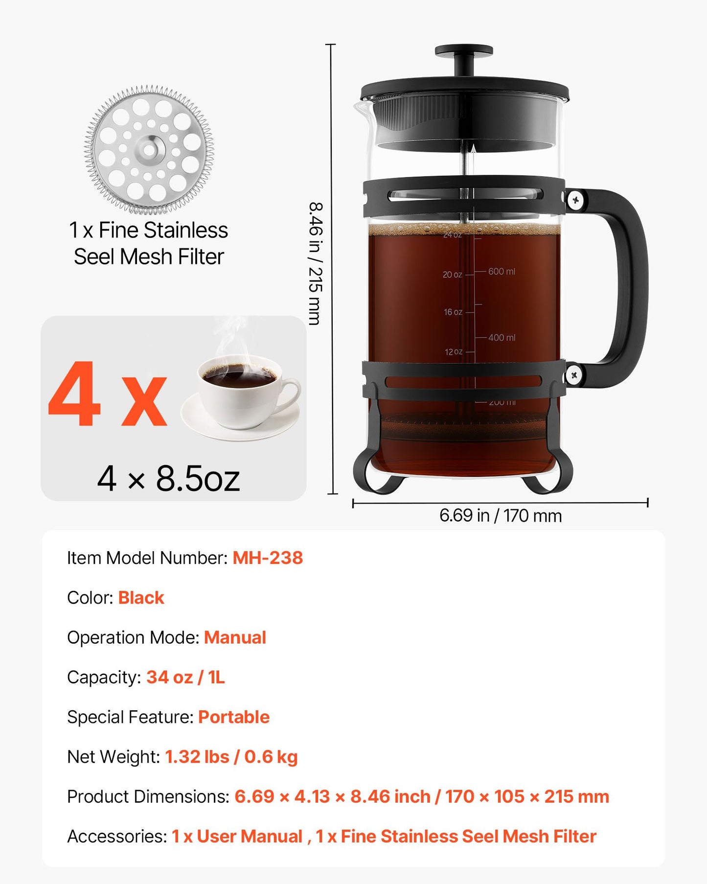 French Press Coffee Maker, 1 Liter Borosilicate Glass Coffee Press Tea Maker with Stainless Steel Filter, Large Glass French Presses Cold Brew for Camping Travel Home Kitchen, Silver