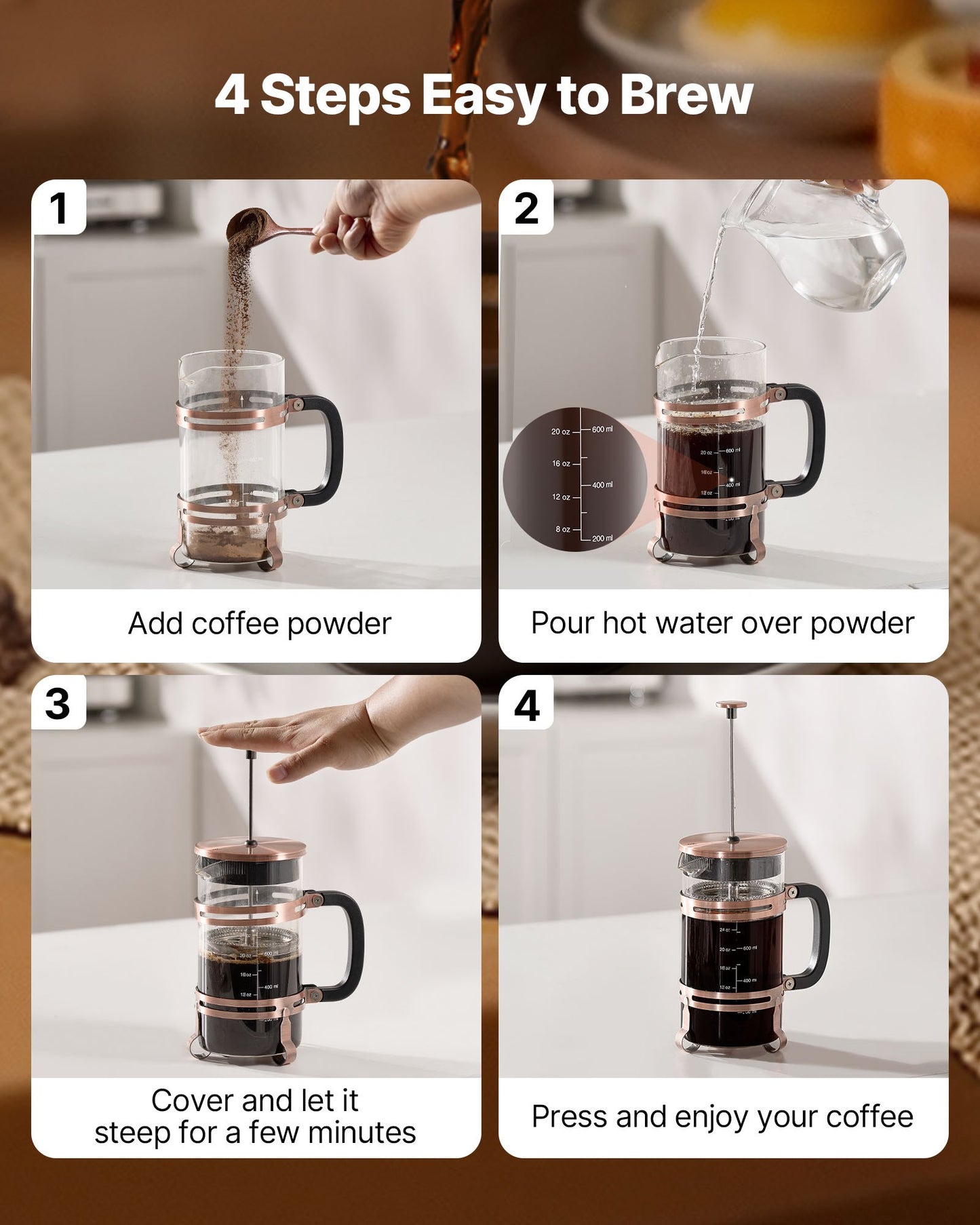 French-Press-Kaffeebereiter, 1 Liter, Borosilikatglas, mit Edelstahlfilter, große French Presses aus Glas für Cold Brew, ideal für Camping, Reisen, Zuhause und Küche, Kupfer