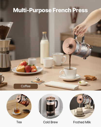 French-Press-Kaffeebereiter, 1 Liter, Borosilikatglas, mit Edelstahlfilter, große French Presses aus Glas für Cold Brew, ideal für Camping, Reisen, Zuhause und Küche, Kupfer