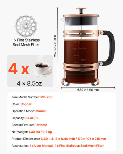 French-Press-Kaffeebereiter, 1 Liter, Borosilikatglas, mit Edelstahlfilter, große French Presses aus Glas für Cold Brew, ideal für Camping, Reisen, Zuhause und Küche, Kupfer