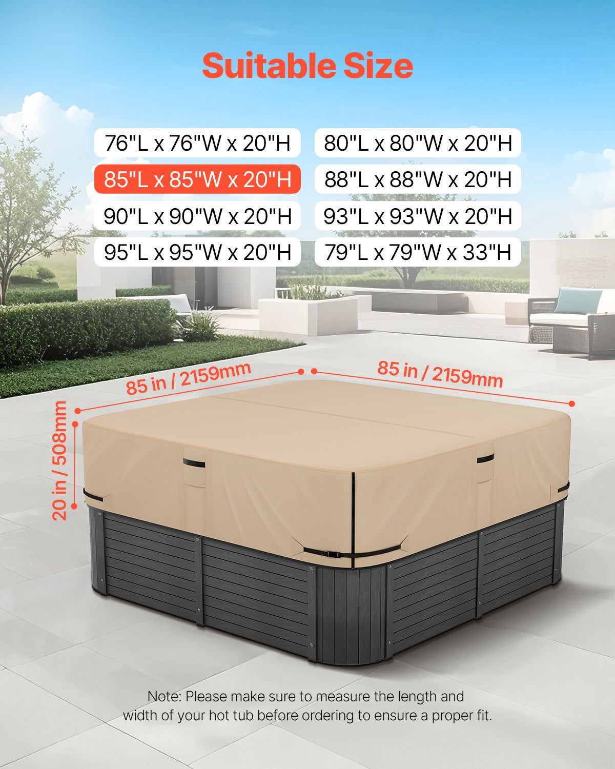 Outdoor Hot Tub Cover, 85x85x20in/2160x2160x508mm Weatherproof & Waterproof Hot Tub Cover Protector, 600D Heavy Duty Oxford Fabric and 950N Tearing Strength, Square Spa Covers for Hottub, Brown