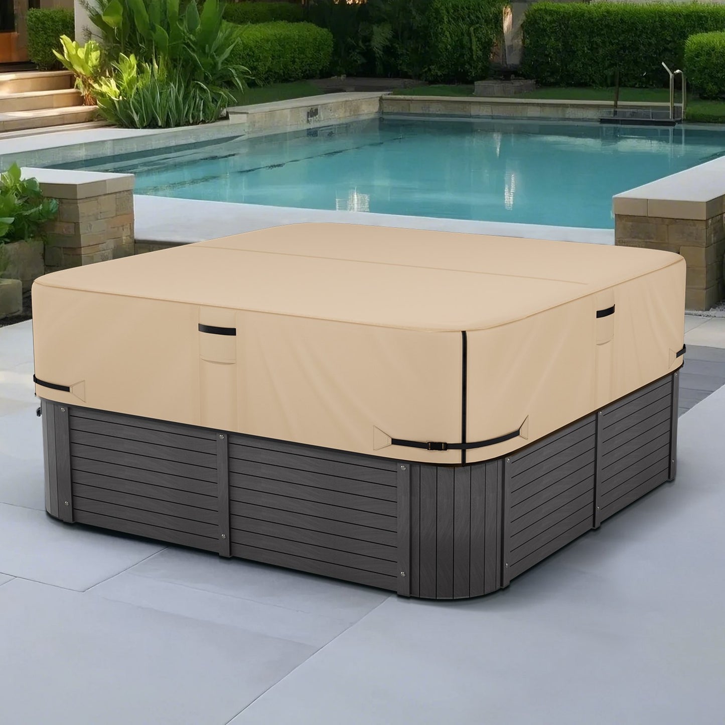 Outdoor Hot Tub Cover, 85x85x20in/2160x2160x508mm Weatherproof & Waterproof Hot Tub Cover Protector, 600D Heavy Duty Oxford Fabric and 950N Tearing Strength, Square Spa Covers for Hottub, Brown