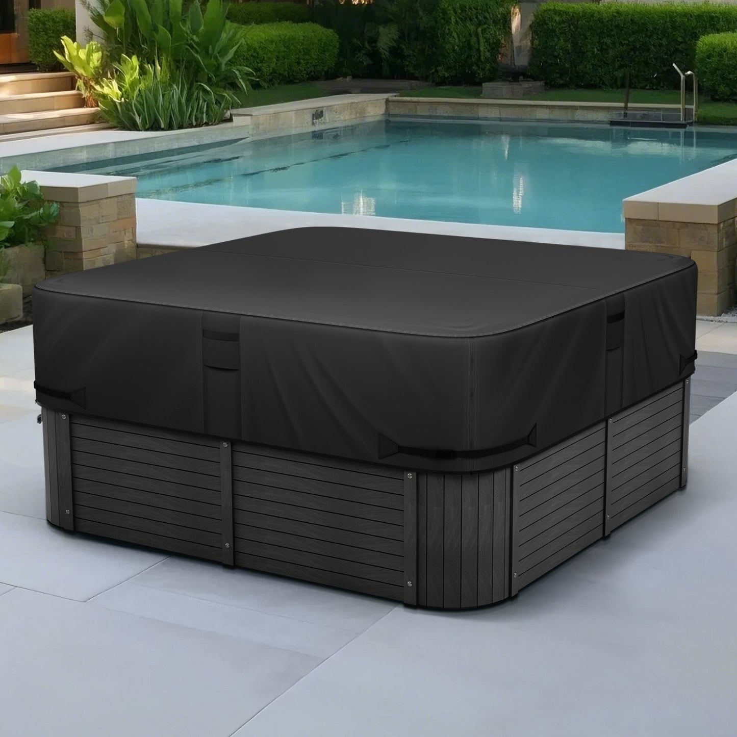 Outdoor Hot Tub Cover, 80x80x20in/2030x2030x508mm Weatherproof & Waterproof Hot Tub Cover Protector, 600D Heavy Duty Oxford Fabric and 950N Tearing Strength, Square Spa Covers for Hottub, Black