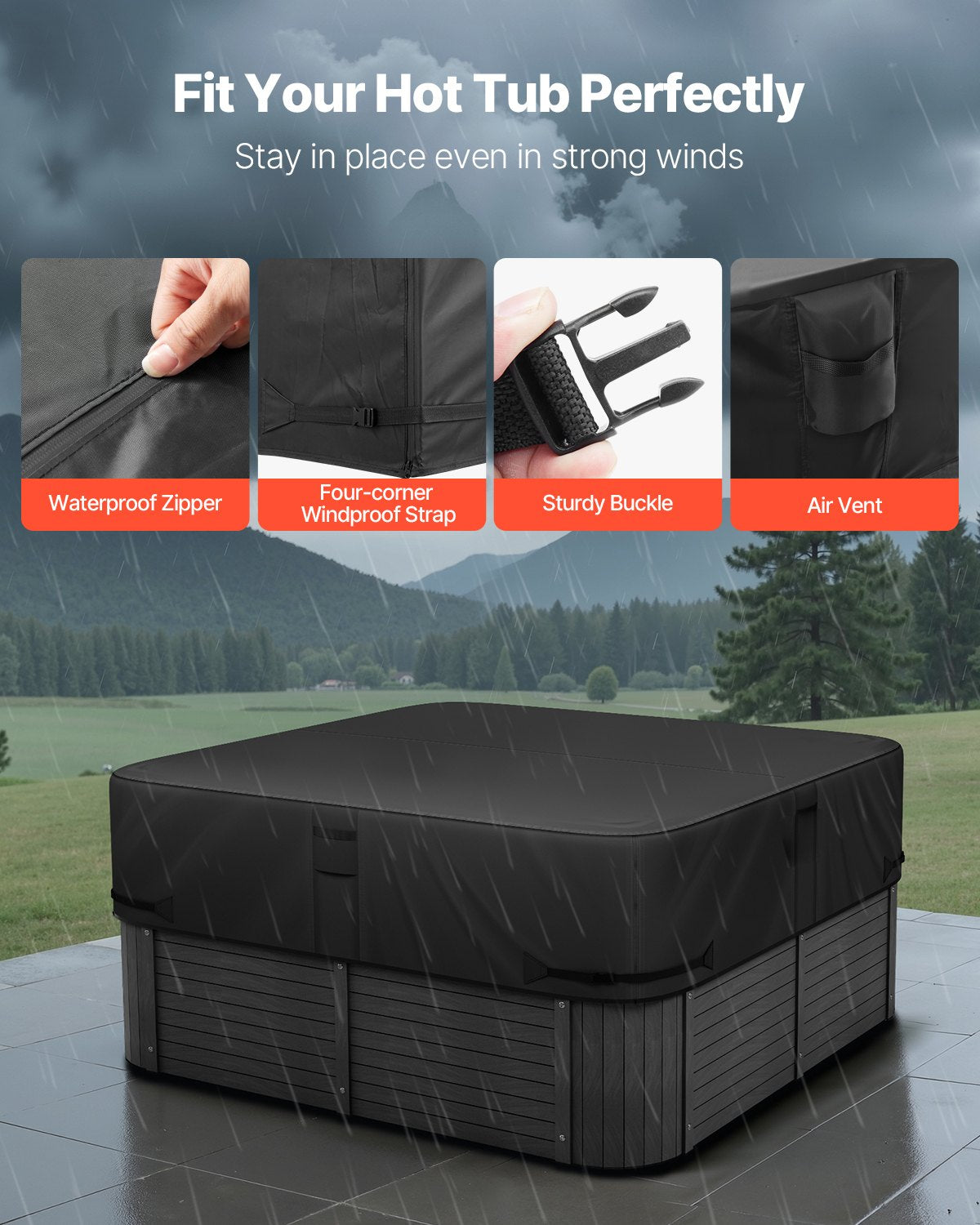 Outdoor Hot Tub Cover, 95x95x20in/2413x2413x508mm Weatherproof & Waterproof Hot Tub Cover Protector, 600D Heavy Duty Oxford Fabric and 950N Tearing Strength, Square Spa Covers for Hottub, Black