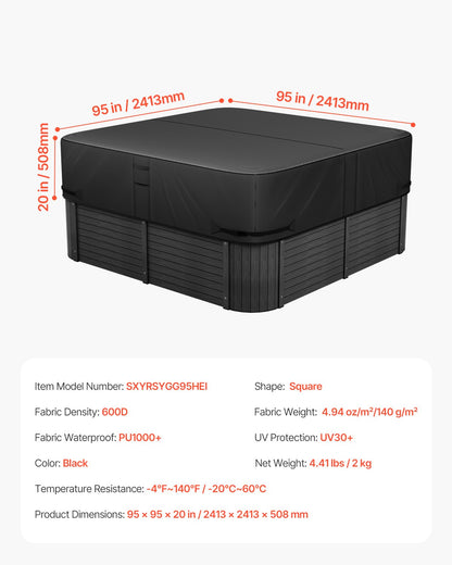 Outdoor Hot Tub Cover, 95x95x20in/2413x2413x508mm Weatherproof & Waterproof Hot Tub Cover Protector, 600D Heavy Duty Oxford Fabric and 950N Tearing Strength, Square Spa Covers for Hottub, Black