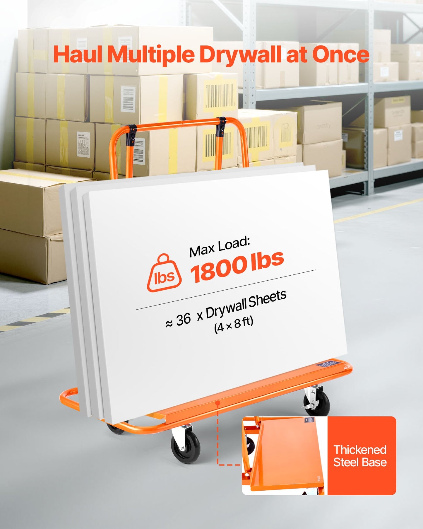 Drywall Cart Dolly, 816 kg Load Capacity, Steel Panel Dolly with 4 Swivel Casters, Durable & Long-lasting, Panel Truck Cart with Tie-Down Strap for Plywood, Plasterboard, Glass, Orange