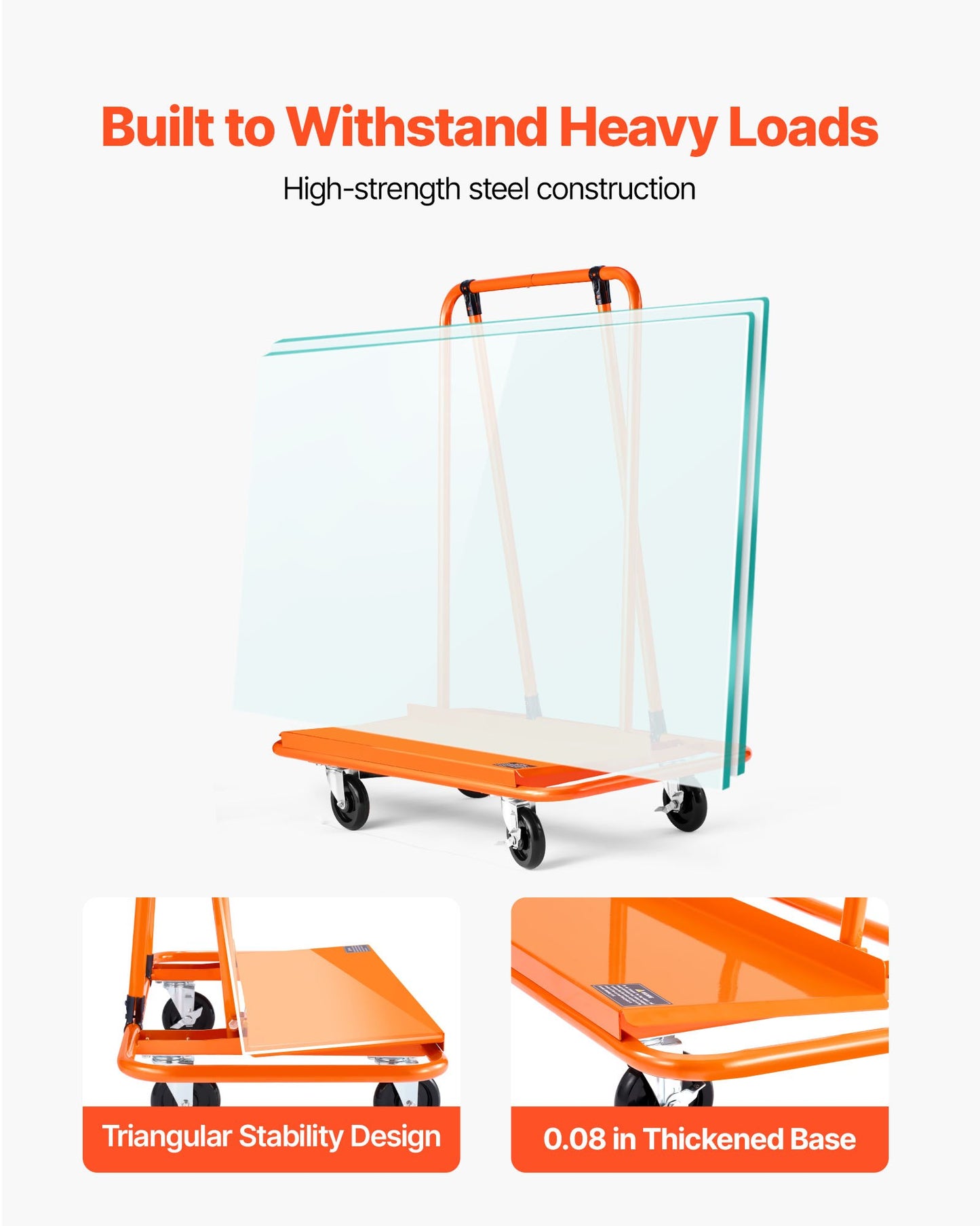 Drywall Cart Dolly, 816 kg Load Capacity, Steel Panel Dolly with 4 Swivel Casters, Durable & Long-lasting, Panel Truck Cart with Tie-Down Strap for Plywood, Plasterboard, Glass, Orange