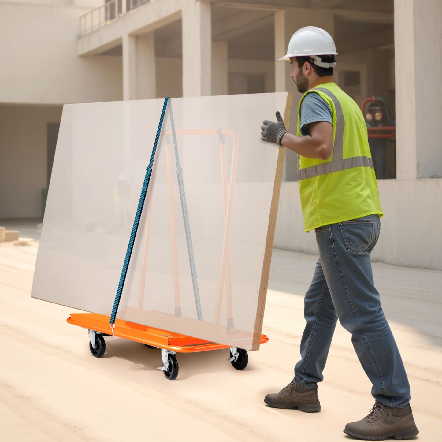 Drywall Cart Dolly, 816 kg Load Capacity, Steel Panel Dolly with 4 Swivel Casters, Durable & Long-lasting, Panel Truck Cart with Tie-Down Strap for Plywood, Plasterboard, Glass, Orange