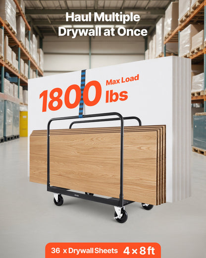Drywall Cart Dolly, 816 kg Load Capacity, Steel Panel Truck Cart with 12.5 mm Swivel Casters, Lumber Drywall Dolly with with Tie-Down Strap & 3 Side Handrails for Factory, Warehouse, Garage, Black