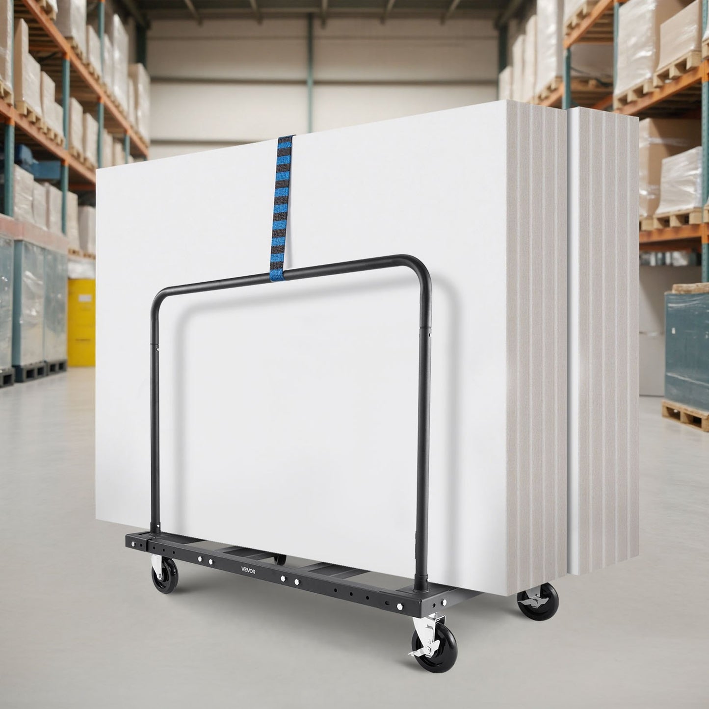 Drywall Cart Dolly, 816 kg Load Capacity, Steel Panel Truck Cart with 12.5 mm Swivel Casters, Lumber Drywall Dolly with Tie-Down Strap & 2 Side Handrails for Factory, Warehouse, Garage, Black