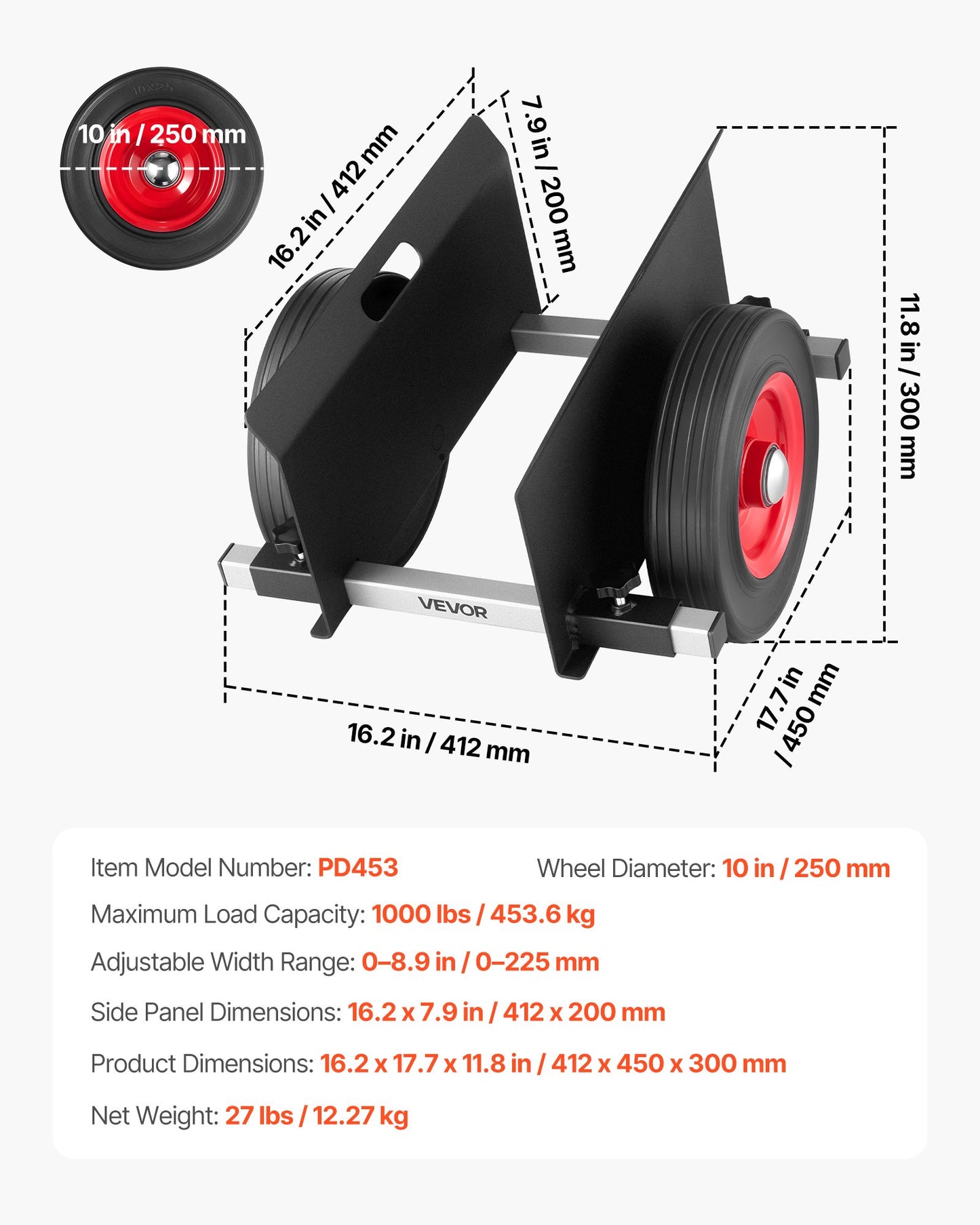Panel Dolly, 453.6 kg Load Capacity, Drywall Mover with 25 cm Rubber Wheels Fits Different Terrain, Adjustable Clamp Panel Cart for Steel Panels, Mattress, Doors and Drywall Sheet, Black