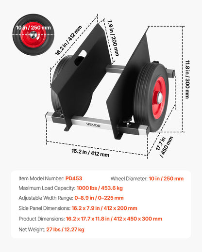 Panel Dolly, 453.6 kg Load Capacity, Drywall Mover with 25 cm Rubber Wheels Fits Different Terrain, Adjustable Clamp Panel Cart for Steel Panels, Mattress, Doors and Drywall Sheet, Black