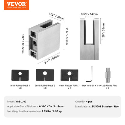 Glasklemme, 4 Stück quadratische Glasgeländerhalterung für 0,31"-0,47" gehärtetes Glas, Glasmontageklemme aus Edelstahl 304, Glasregalhalterung für Balkon, Garten, Pool, Treppe, Silber