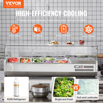 Refrigerated Condiment Prep Station, 150 W Countertop Refrigerated Condiment Station, with 3 1/3 Pans & 4 1/6 Pans, 304 Stainless Body and PC Lid, Sandwich Prep Table with Glass Guard, CE