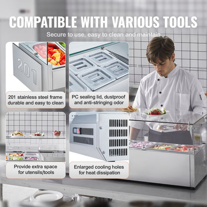 Refrigerated Condiment Prep Station, 150 W Countertop Refrigerated Condiment Station, with 3 1/3 Pans & 4 1/6 Pans, 304 Stainless Body and PC Lid, Sandwich Prep Table with Glass Guard, CE