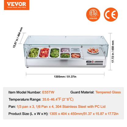 Refrigerated Condiment Prep Station, 150 W Countertop Refrigerated Condiment Station, with 3 1/3 Pans & 4 1/6 Pans, 304 Stainless Body and PC Lid, Sandwich Prep Table with Glass Guard, CE