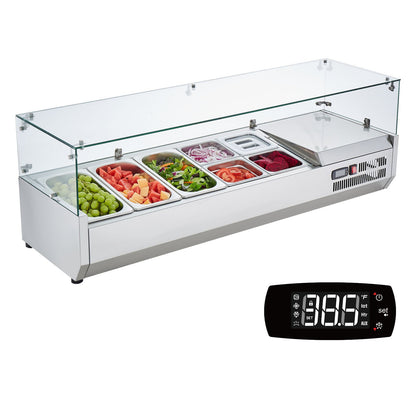 Refrigerated Condiment Prep Station, 150 W Countertop Refrigerated Condiment Station, with 3 1/3 Pans & 4 1/6 Pans, 304 Stainless Body and PC Lid, Sandwich Prep Table with Glass Guard, CE