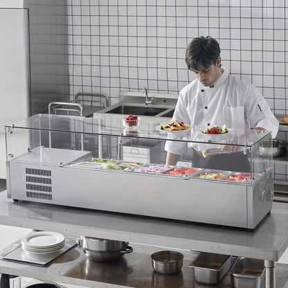 Refrigerated Condiment Prep Station, 155 W Countertop Refrigerated Condiment Station, with 4 1/3 Pans & 4 1/6 Pans, 304 Stainless Body and PC Lid, Sandwich Prep Table with Glass Guard, CE