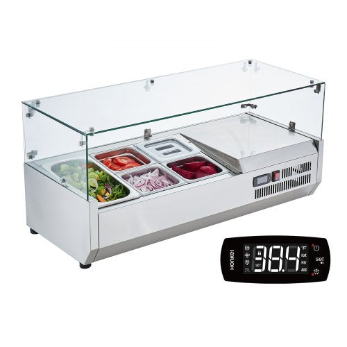 Refrigerated Condiment Prep Station, 140 W Countertop Refrigerated Condiment Station, with 1 1/3 Pan & 4 1/6 Pans, 304 Stainless Body and PC Lid, Sandwich Prep Table with Glass Guard, CE