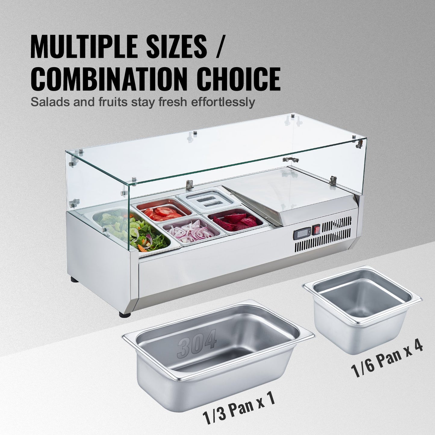 Refrigerated Condiment Prep Station, 140 W Countertop Refrigerated Condiment Station, with 1 1/3 Pan & 4 1/6 Pans, 304 Stainless Body and PC Lid, Sandwich Prep Table with Glass Guard, CE
