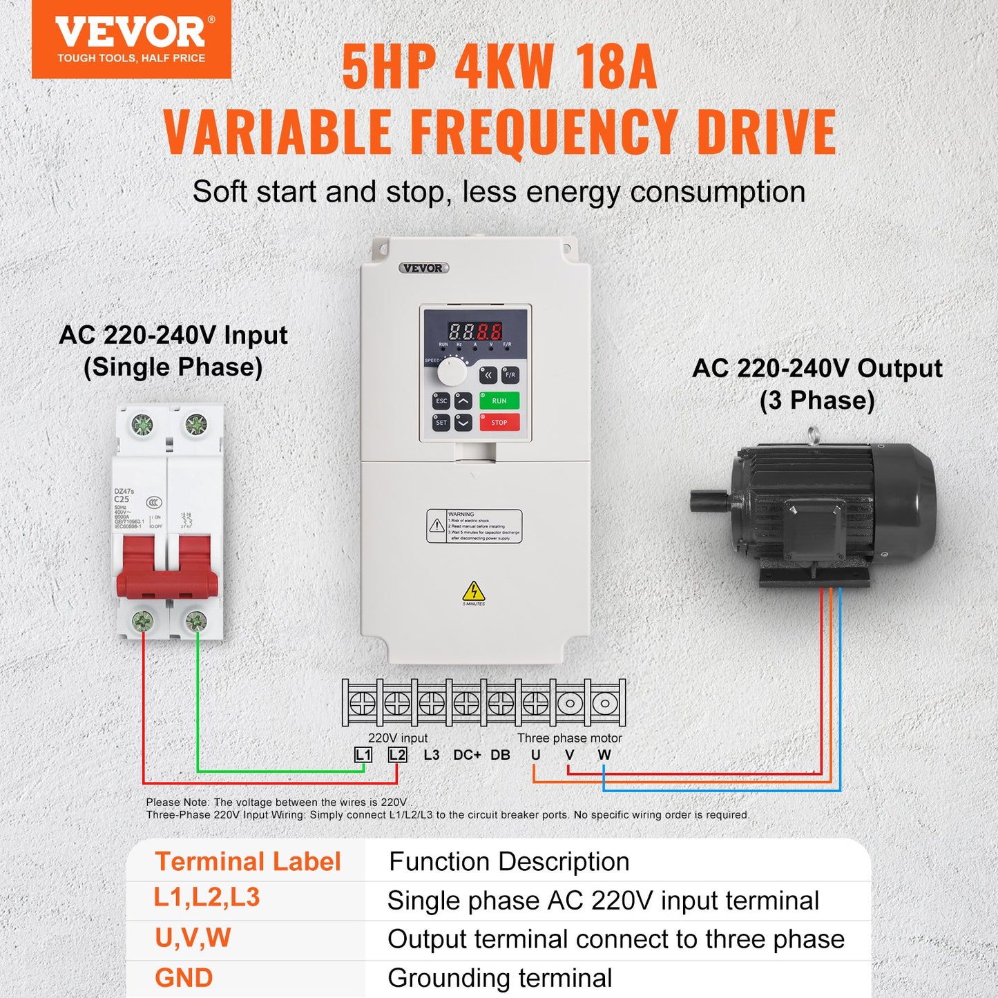 VFD 5HP, 4KW, 18A, 1 or 3 Phase AC 220V Input to 3 Phase AC 0~220V Output Variable Frequency Drive, 50/60Hz Input, 0-2000Hz Output VFD for Spindle Motor Speed Control