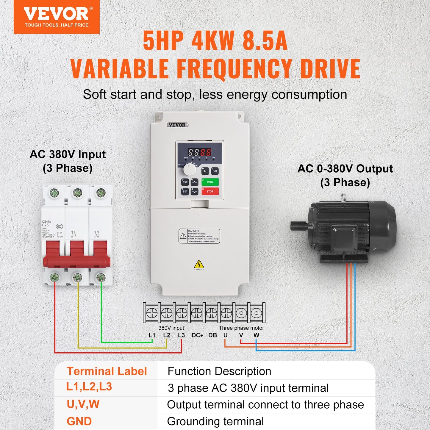 VFD 5HP, 4KW, 8.5A, 3 Phase AC 380V Input to 3 Phase AC 0 - 380V Output Variable Frequency Drive, 50/60Hz Input, 0-2000Hz Output VFD for Spindle Motor Speed Control