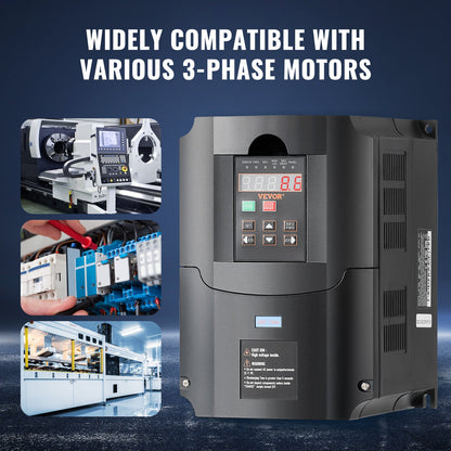 VFD 10HP, 7.5KW, 35A, 1 or 3 Phase 220V Input to 3 Phase 220V Output Variable Frequency Drive, 40-60Hz Input, 0-400Hz Output VFD for Spindle Motor CNC Speed Control