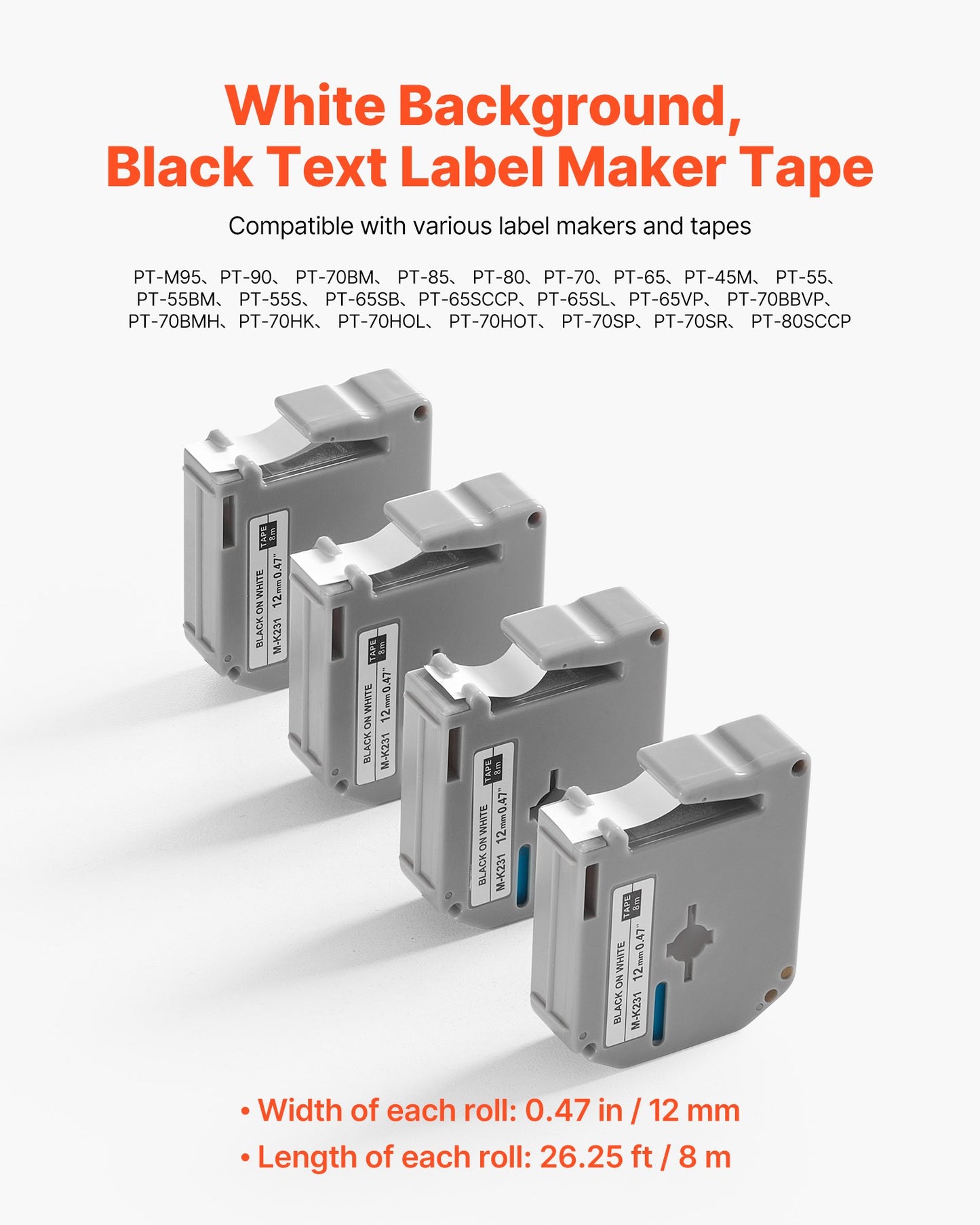 Label Maker Tape, 4 Pack, 0.47 in / 12 mm Black on White Label Cartridge Compatible for Various Types of Brother Labelers, Durable & Long-lasting, Waterproof, Replacement for Letra Tag M-K231