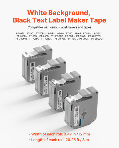 Label Maker Tape, 4 Pack, 0.47 in / 12 mm Black on White Label Cartridge Compatible for Various Types of Brother Labelers, Durable & Long-lasting, Waterproof, Replacement for Letra Tag M-K231