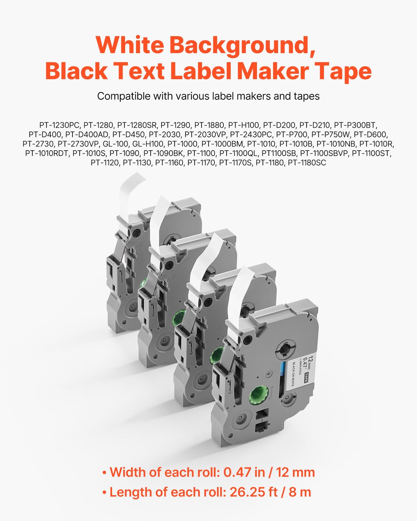 Label Maker Tape, 4 Pack, 0.47 in / 12 mm Black on White Label Maker Refills Compatible for Various Types of Brother P-Touch Labelers, Durable & Long-lasting, Replacement for Letra Tag TZe-231
