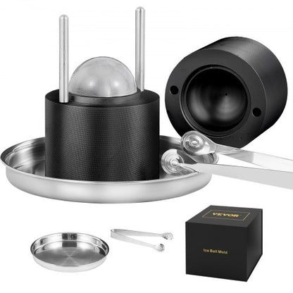 Ice Ball Press, 2.4" Ice Ball Maker, Aircraft Al Alloy Ice Ball Press Kit for 60mm Ice Sphere, Ice Press with Tong and Drip Tray, for Whiskey, Cocktail, Bourbon, Scot on Party & Holiday, Black