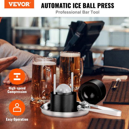 Ice Ball Press, 2.4" Ice Ball Maker, Aircraft Al Alloy Ice Ball Press Kit for 60mm Ice Sphere, Ice Press with Tong and Drip Tray, for Whiskey, Cocktail, Bourbon, Scot on Party & Holiday, Black