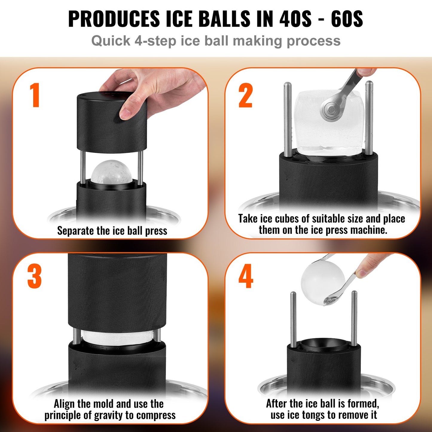 Ice Ball Press, 2.4" Ice Ball Maker, Aircraft Al Alloy Ice Ball Press Kit for 60mm Ice Sphere, Ice Press with Tong and Drip Tray, for Whiskey, Cocktail, Bourbon, Scot on Party & Holiday, Black
